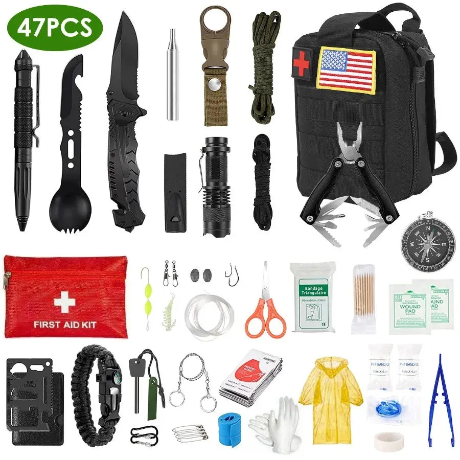 47 Piece Emergency Survival and First Aid Kit with Pouch for Hiking and Hunting