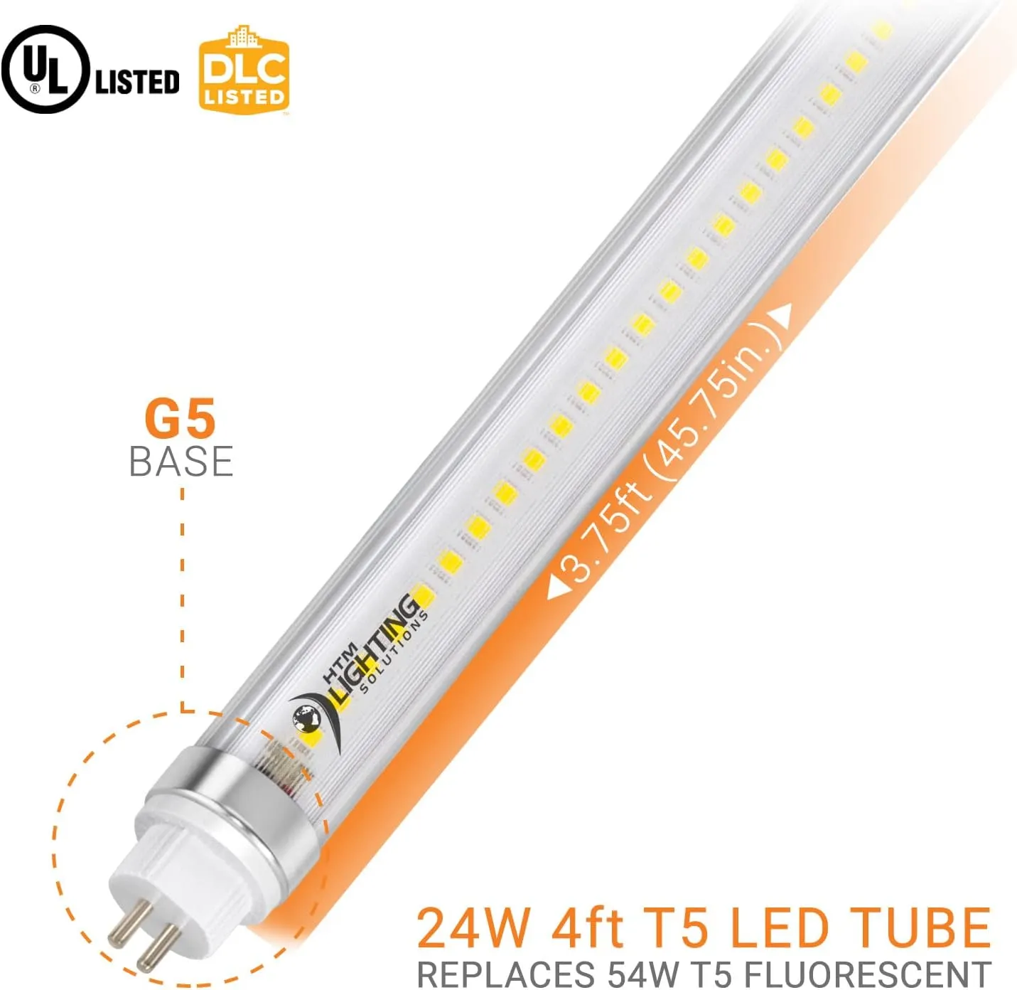 4ft 24W T5 High Output LED Tube Light, 45.75", F54T5 Equal, 5000K (Cool White), Clear Lens, 3500 lm, G5 Mini Base, 100-277V, Ballast Bypass, Dual-End Powered, LED Shop Light, UL-Listed (24-Pack)
