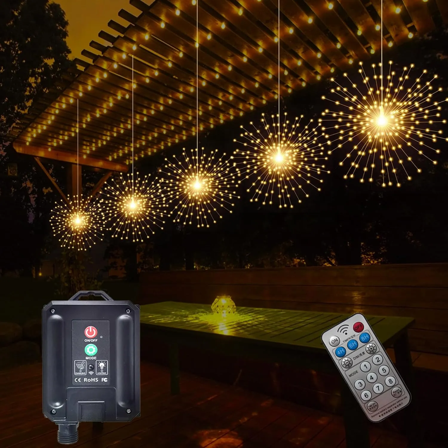 5 Pcs 1000LED Solar Starburst Sphere Lights,Firework Light Remote Control Timer 8 Modes Dimmable Waterproof Hanging Fairy Light, Sparkly Lights for Patio Garden Tent Outdoor(Warm White)