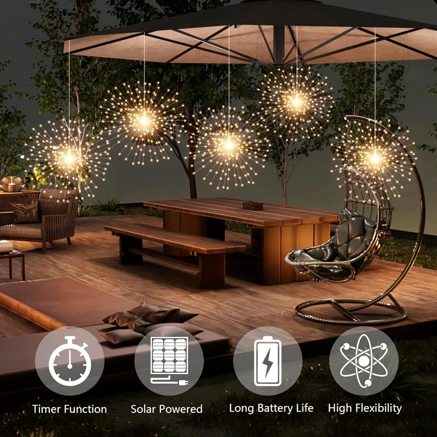 5 Pcs 1000LED Solar Starburst Sphere Lights,Firework Light Remote Control Timer 8 Modes Dimmable Waterproof Hanging Fairy Light, Sparkly Lights for Patio Garden Tent Outdoor(Warm White)