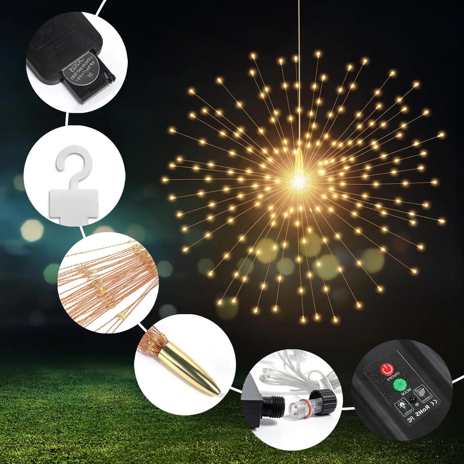 5 Pcs 1000LED Solar Starburst Sphere Lights,Firework Light Remote Control Timer 8 Modes Dimmable Waterproof Hanging Fairy Light, Sparkly Lights for Patio Garden Tent Outdoor(Warm White)