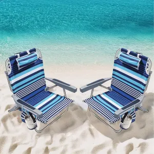 5-Position Aluminum Lay Flat Backpack Beach Chair 2 Pack, Compact Portable Low Beach Chairs for Adults, Beach Chair with Cooler Pouch, Storage Pouch, Towel Bar, Cup Holder & Phone Holder, Blue Stripe