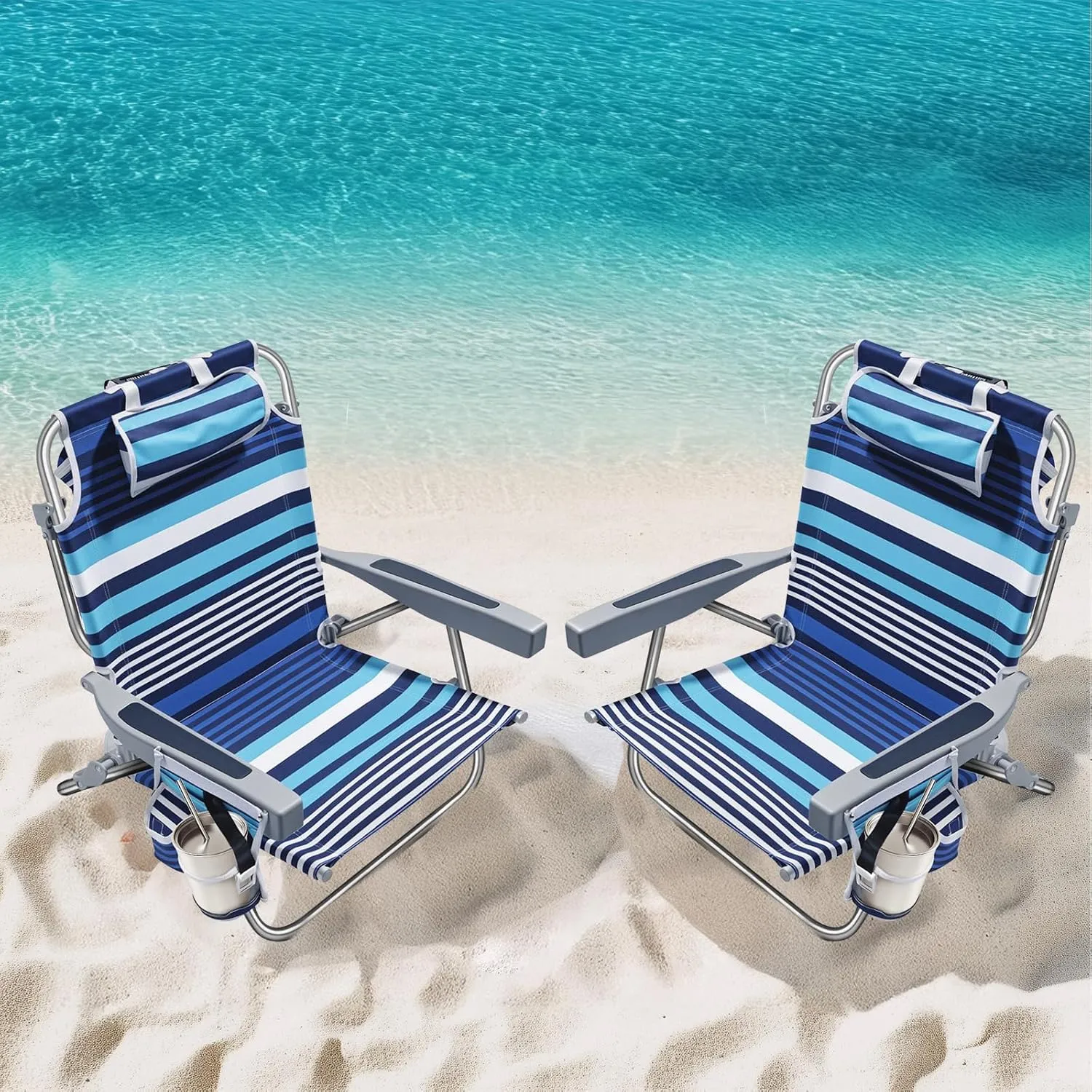 5-Position Aluminum Lay Flat Backpack Beach Chair 2 Pack, Compact Portable Low Beach Chairs for Adults, Beach Chair with Cooler Pouch, Storage Pouch, Towel Bar, Cup Holder & Phone Holder, Blue Stripe