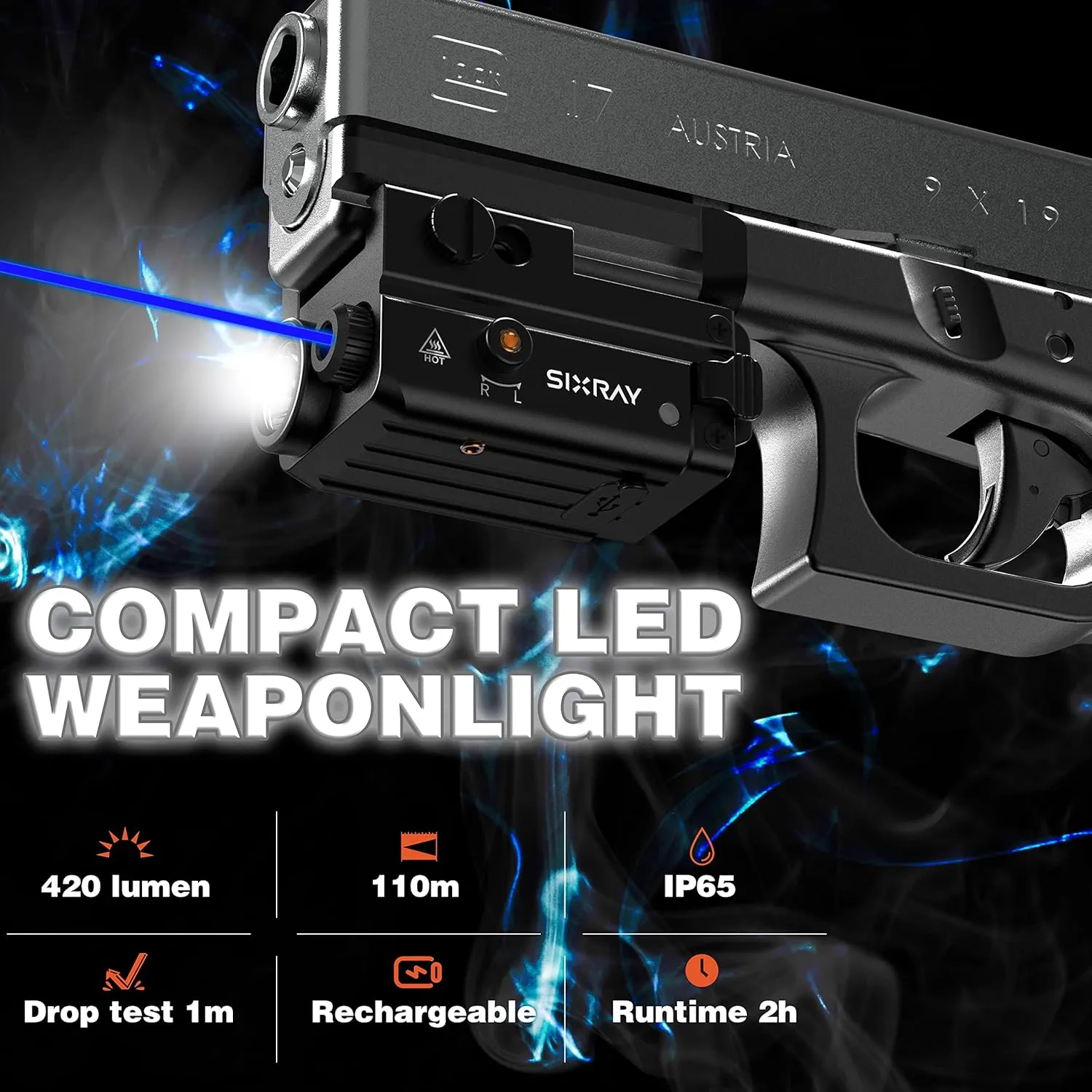 500 Lumen Pistol Light Laser Combo Rechargeable Blue Laser Beam