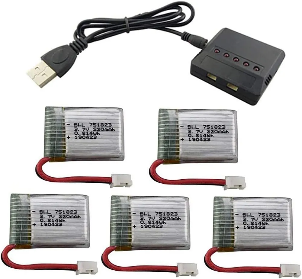 5PCS 3.7V 300mAh Lithium Battery with 5 in 1 Charger for JJRC H36 E010 GoolRC T36 NIHUI NH010 F36 Quadcopter Spare Parts Drone
