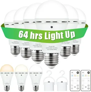 6 Pack Omni Rechargeable Light Bulbs, Battery Powered Emergency LED Light Bulb 3 Color Shift Dimmable 120 Volt 9W Up to 24 Hours for Power Outage Blackout Camping Hurricane