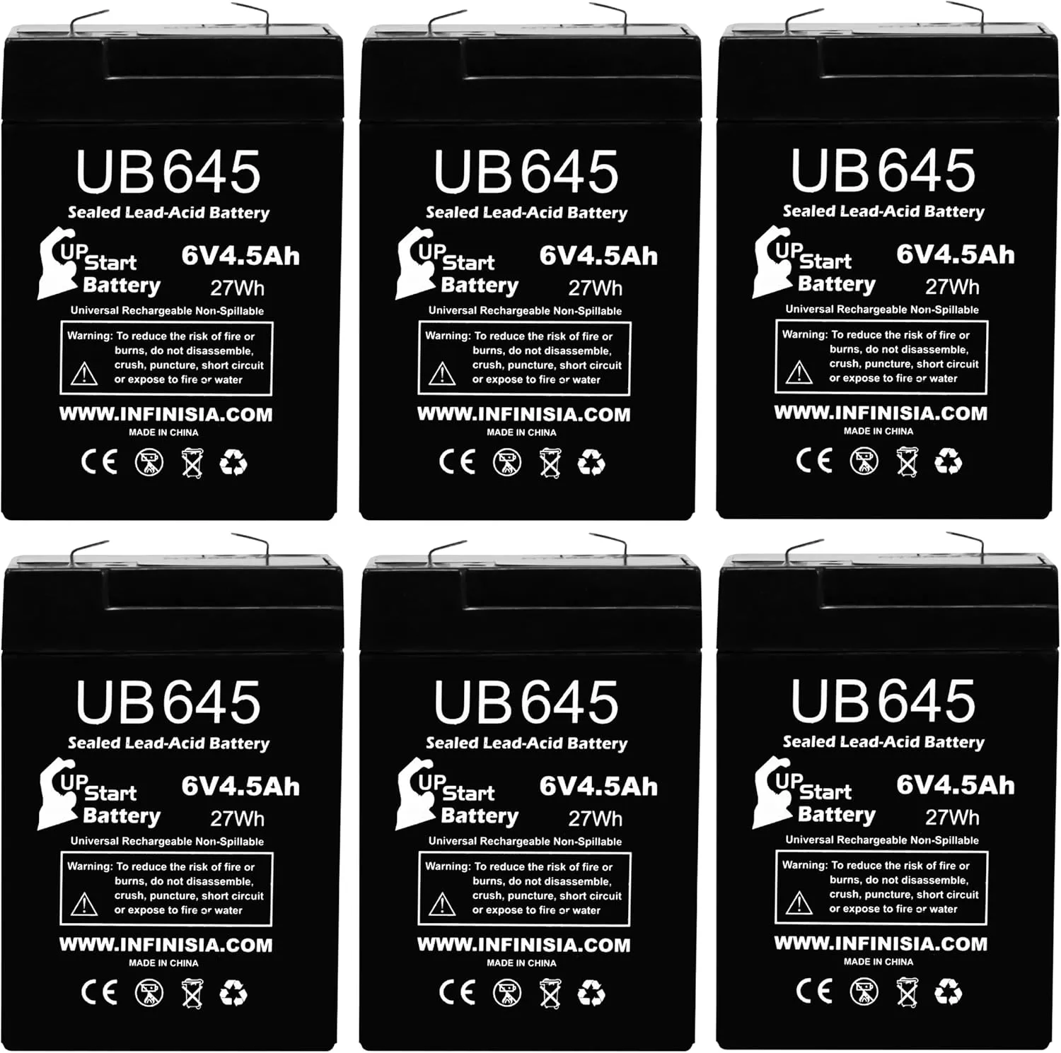 6 Pack UB645 6V 4.5AH for Lithonia ELB06042 Battery - Compatible with Lithonia Lighting ELB 06042 Replacement Battery for Emergency Exit Sign - Rechargeable 6 Volt UB645K SLA Batteries