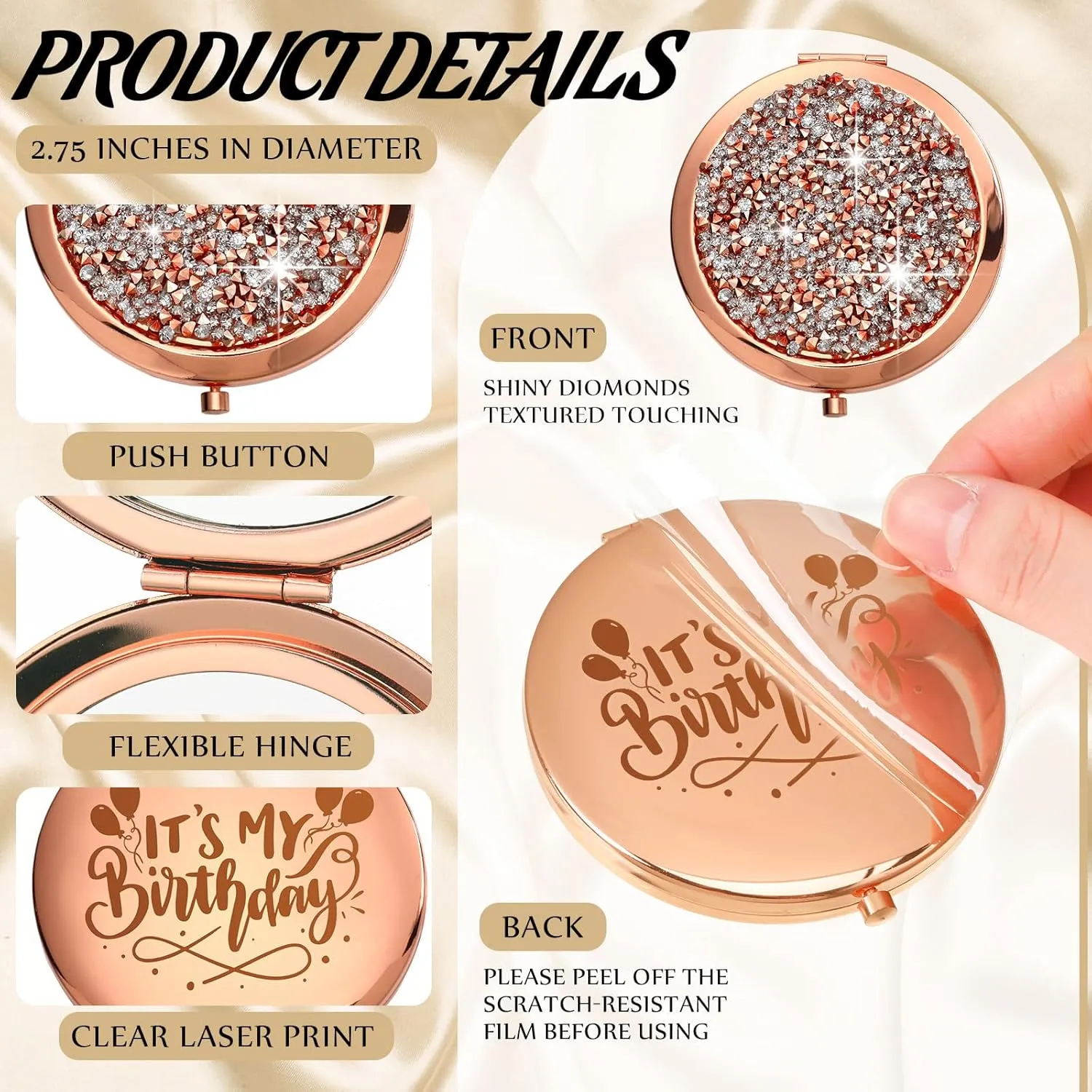 6 Pcs Birthday Squad Party Favor Magnifying Compact Mirrors Birthday Squad Travel Small Mirror for Purse Makeup Pocket Mirror for Women 20th 30th 40th 50th 60th Party Favor(Rose Gold)