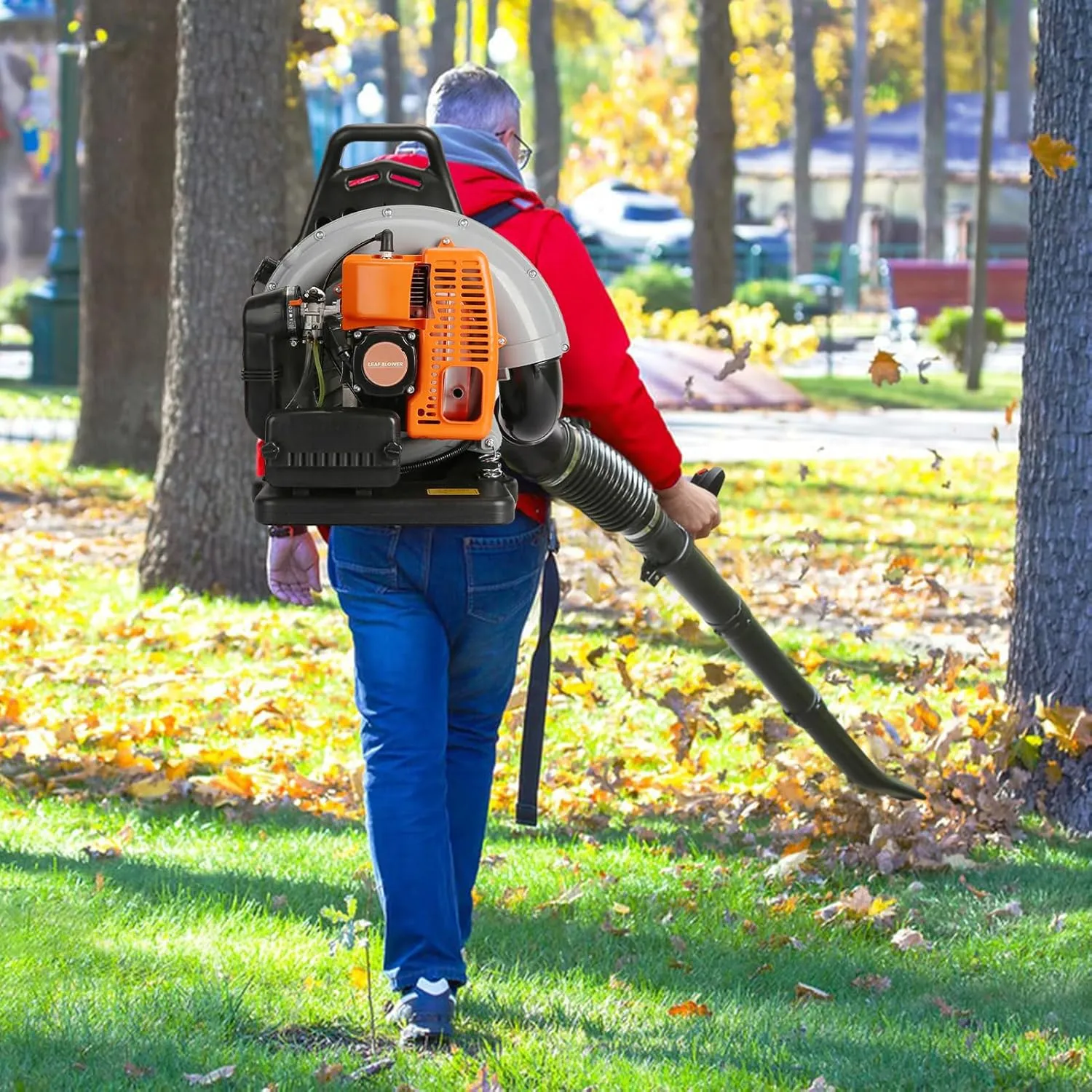 63CC 2-Stroke Backpack Leaf Blower Gas Powered with 665CFM Powerful Air Volume & Anti-Vibration for Easy Lawn, Road Cleaning Whole Year(EB650-Orange)