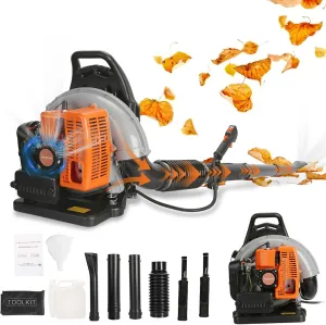 63CC 2-Stroke Backpack Leaf Blower Gas Powered with 665CFM Powerful Air Volume & Anti-Vibration for Easy Lawn, Road Cleaning Whole Year(EB650-Orange)