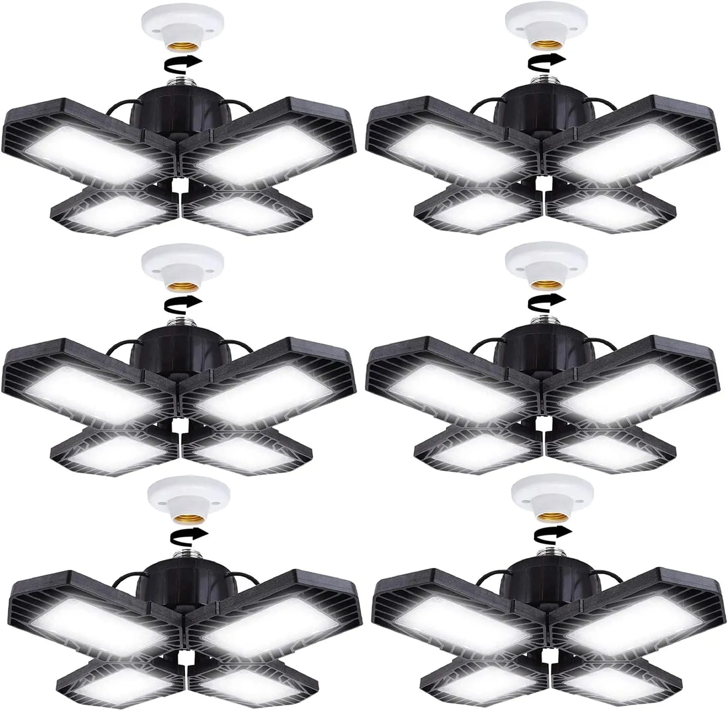 6Pack LED Garage Lights, 100W Deformable LED Lighting 10000LM E26 Daylight 6000K Super Bright Adjustable Lights for Warehouse