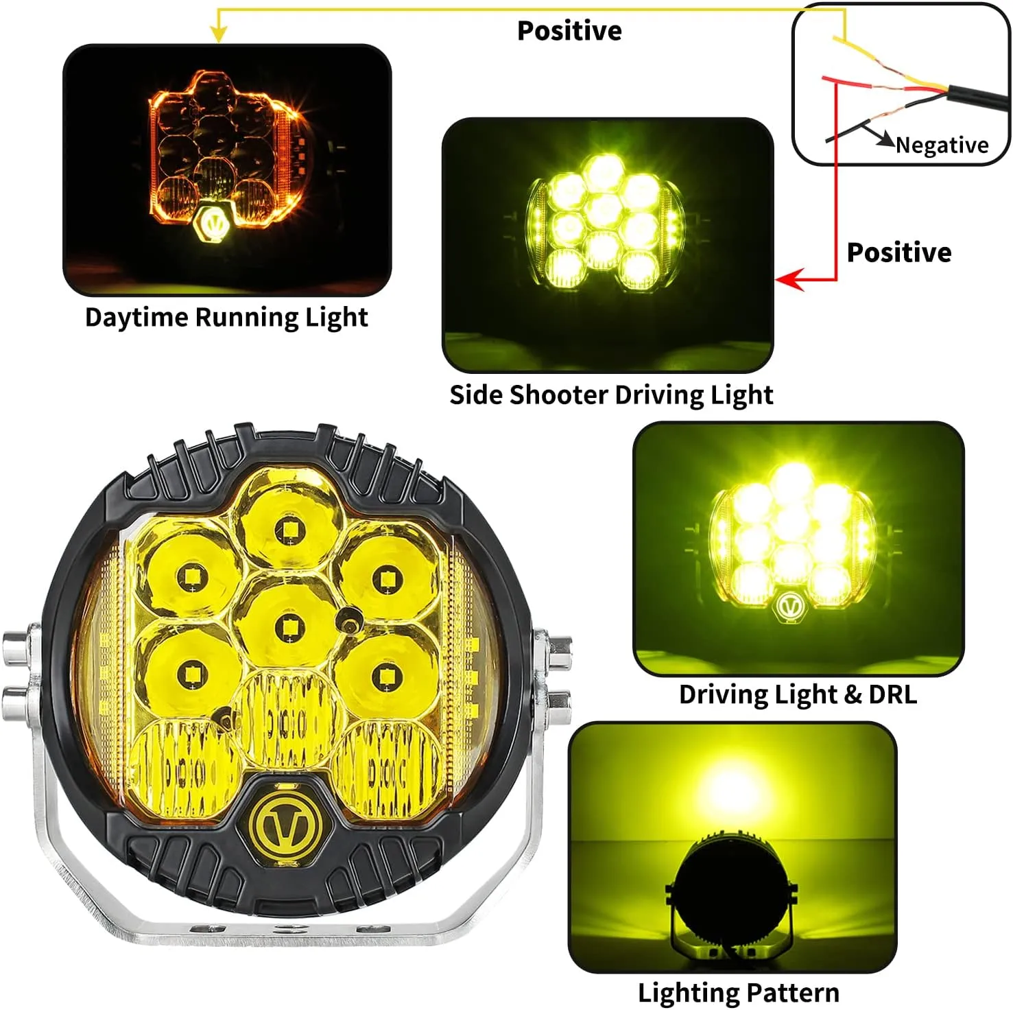 7 Inch 90W Amber Yellow LED Offroad Light with DRL, 8000LM Waterproof Driving Light Spot Flood Combo Work Light for Wrangler, ATV, SUV, UTV, Trucks, Pickup, 4x4, F150 - Pack of 1