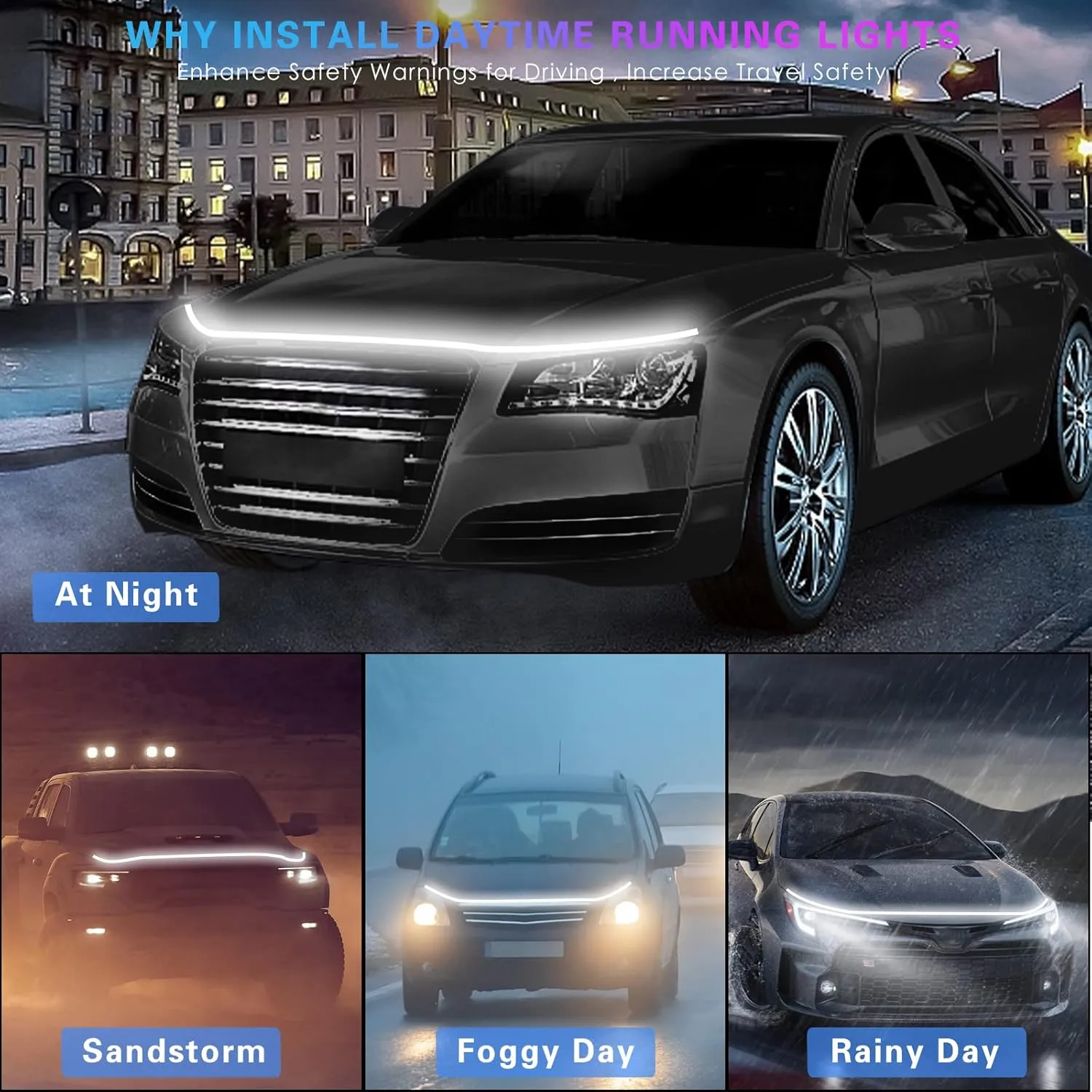 71 Inches Hood Light Strip, Dynamic LED Strip Light, Exterior Flexible Daytime Running Light for Car, SUV (White Light)