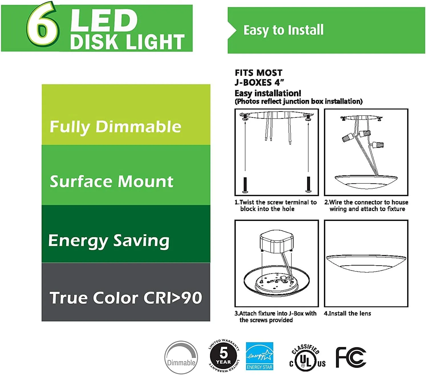 7.5" Flush Mount Ceiling Light, Dimmable LED Lights, Disk Lights, Ceiling Light Fixture, 16.5W (120W Equivalent), 120V, 4000K, ETL, Wet Location LED Light - 4/6" J-Box (Natural White)