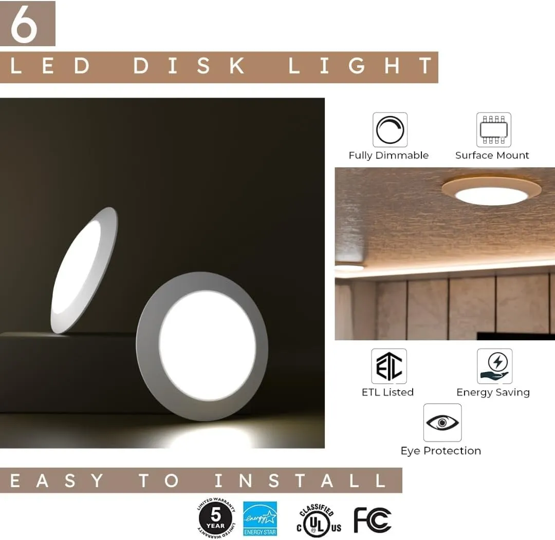 7.5" Flush Mount Ceiling Light Fixtures | Round LED Disc Light | 16.5W (120W Equivalent), 120V, 4000K, ETL, Wet Location- 4/6" J-Box(Natural White, 6 Pack)