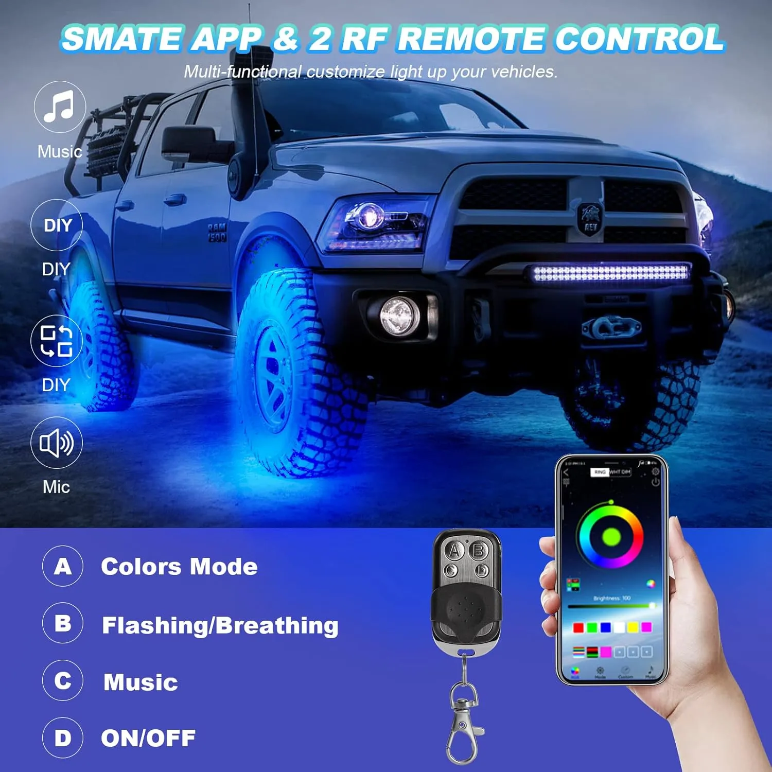 8 Pods RGB LED Rock Lights for Jeeps Trucks Golf Cart ATV UTV RZR SUV Offroad Pickup Car, Waterproof Multicolor Underglow Kit with APP Music Mode Underbody Neon Light Vehicle Underneath Accent 12V