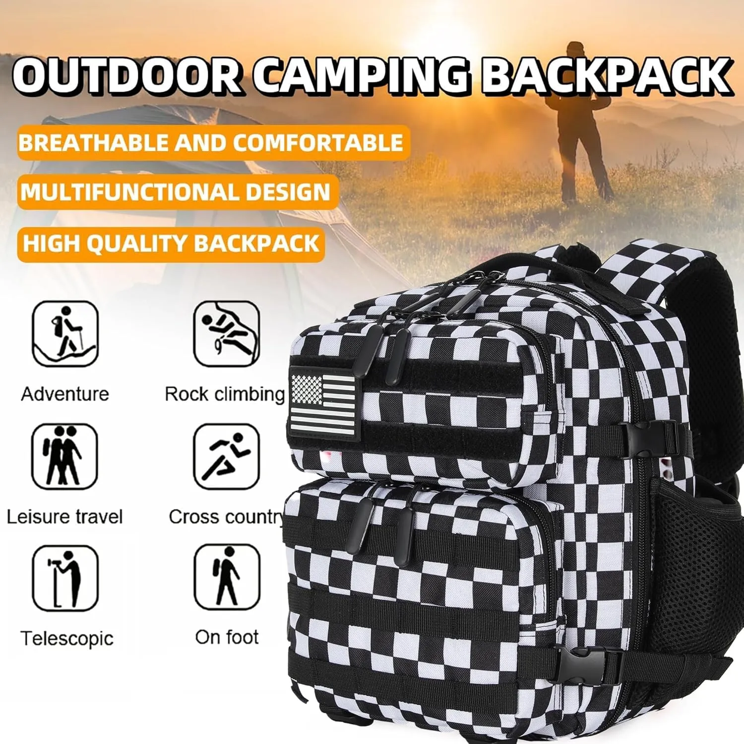 9L Tactical Assault Backpack Gym Backpack Hiking Travel Backpack Camping Backpack (Black and White Plaid)