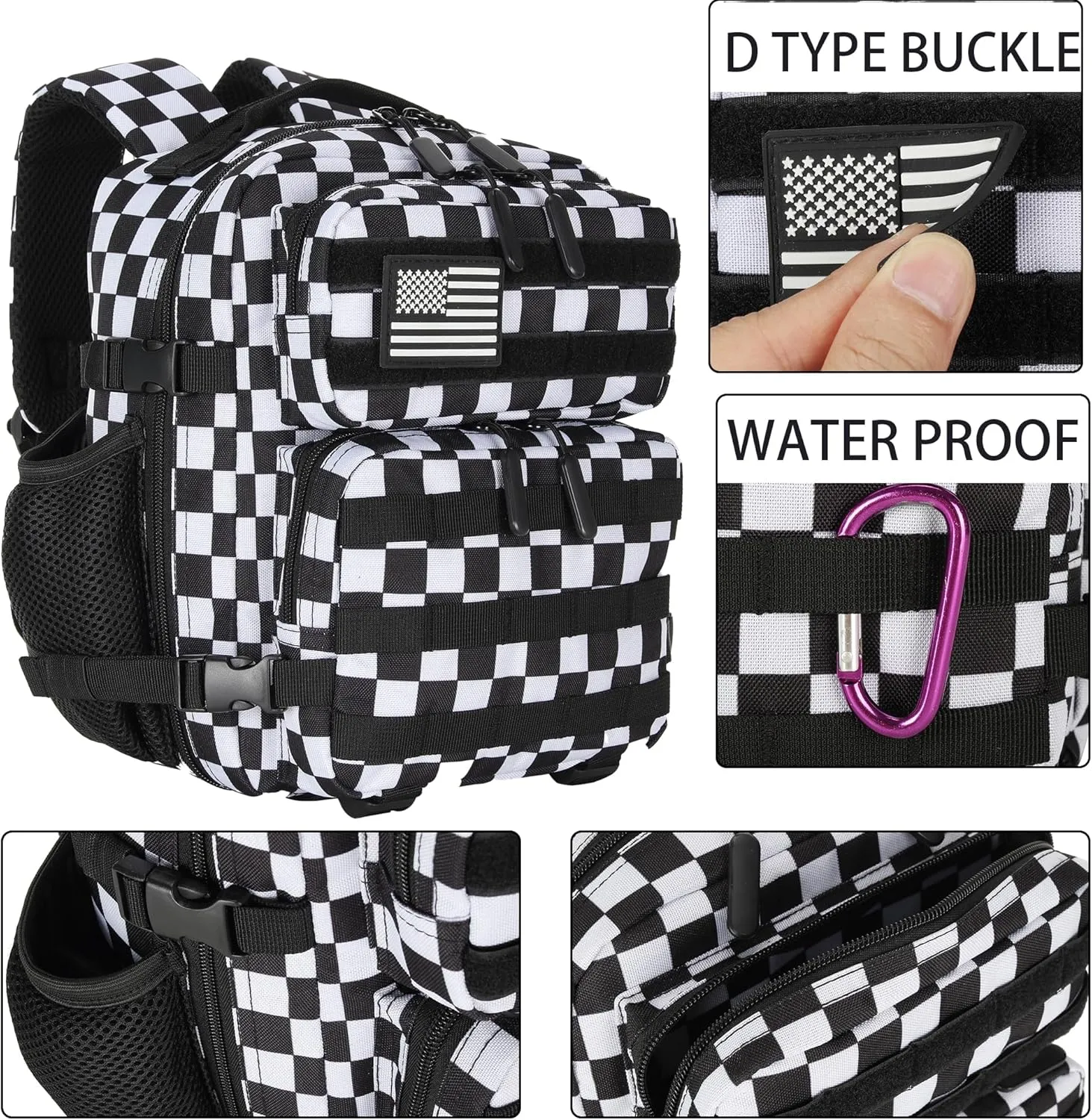 9L Tactical Assault Backpack Gym Backpack Hiking Travel Backpack Camping Backpack (Black and White Plaid)