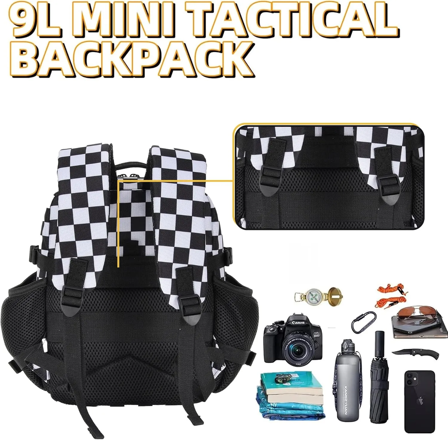 9L Tactical Assault Backpack Gym Backpack Hiking Travel Backpack Camping Backpack (Black and White Plaid)