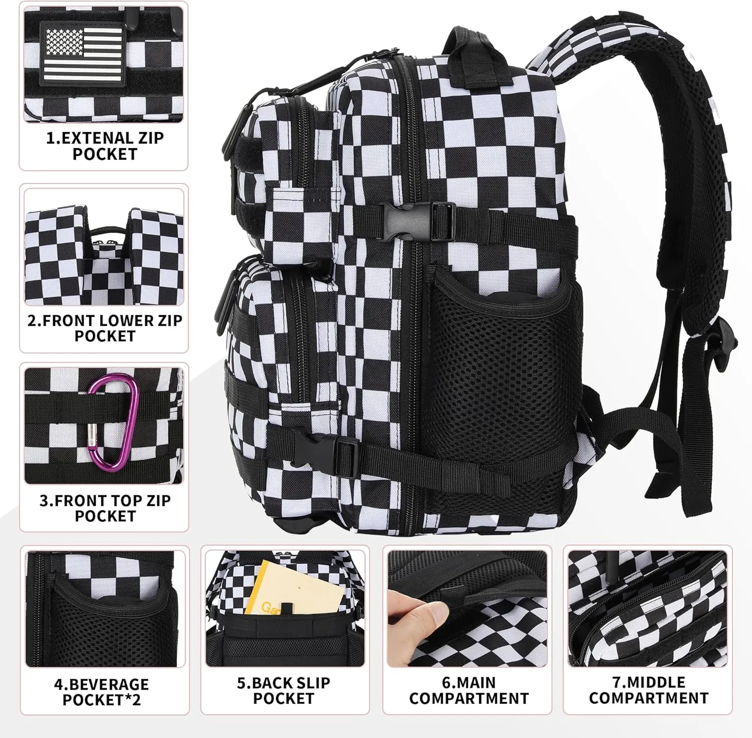 9L Tactical Assault Backpack Gym Backpack Hiking Travel Backpack Camping Backpack (Black and White Plaid)