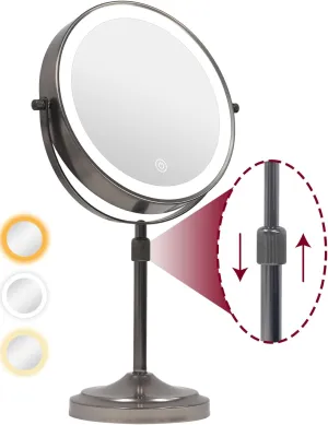 9" Makeup Mirror with Lights and Magnification 10X/1X, 360° Swivel Double Sided 5000 mAh Rechargeable Vanity Desktop Mirror 3 Color Dimmable Lights & Height Adjustable Gunmatel Grey