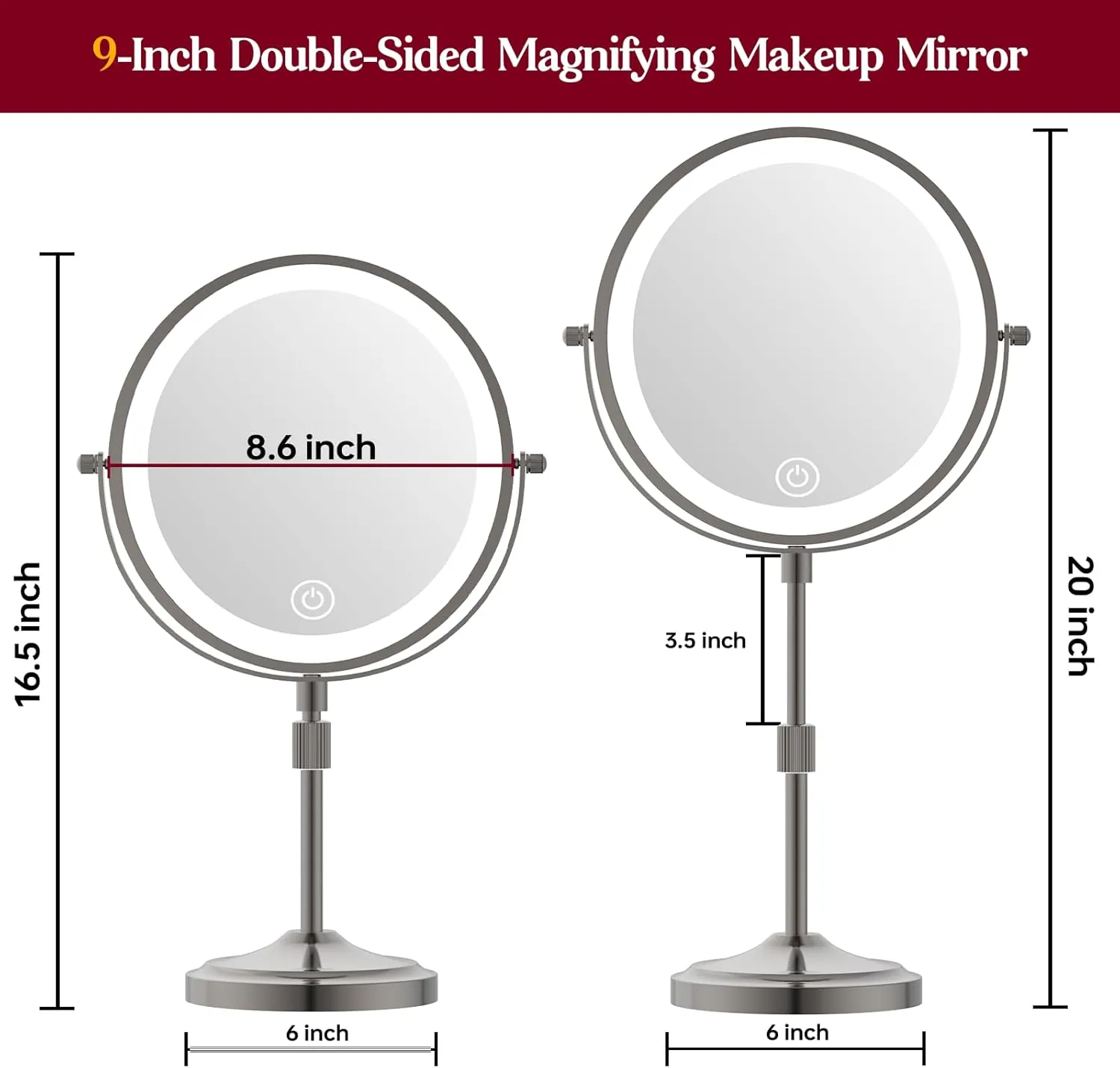9" Makeup Mirror with Lights and Magnification 10X/1X, 360° Swivel Double Sided 5000 mAh Rechargeable Vanity Desktop Mirror 3 Color Dimmable Lights & Height Adjustable Gunmatel Grey