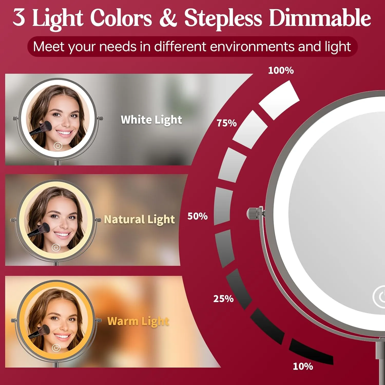 9" Makeup Mirror with Lights and Magnification 10X/1X, 360° Swivel Double Sided 5000 mAh Rechargeable Vanity Desktop Mirror 3 Color Dimmable Lights & Height Adjustable Gunmatel Grey