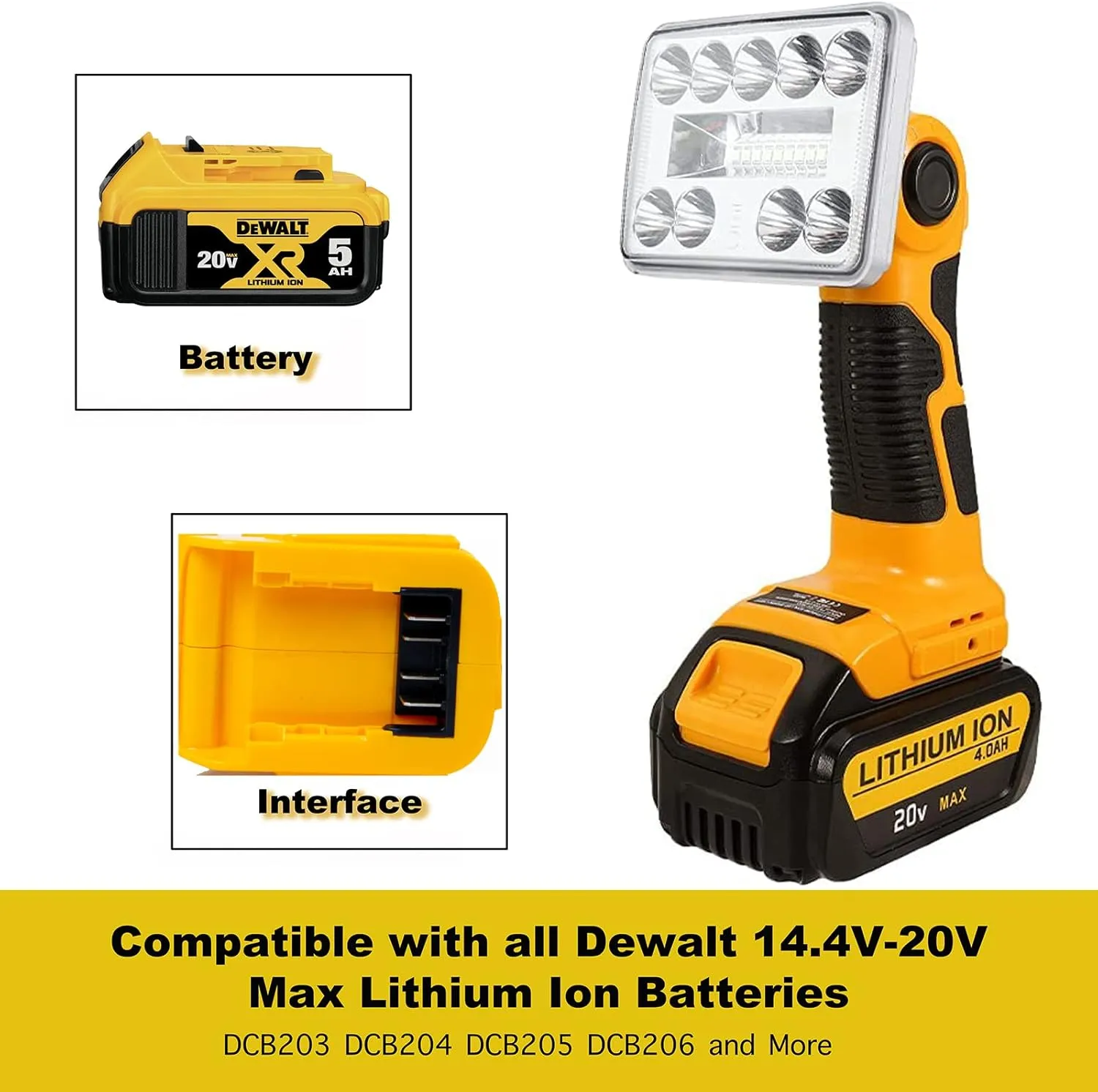 9W 1000LM Flashlight Powered by Dewalt 20V Li-ion Battery for Dewalt Light, 20V Jobsite light with USB Port&Zinc Alloy 90 Degree Pivoting Head, LED Work Light for Outdoor/Indoor/Emergency