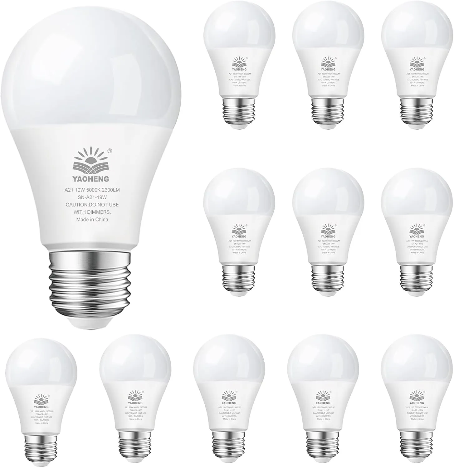 A21 LED Light Bulb, 150 Watt Equivalent LED Bulbs, 19W 5000K Daylight, 2300 Lumens, Non-Dimmable, E26 Base, Super Bright Light Bulb Indoor, Energy Efficient ETL Listed, 12-Pack