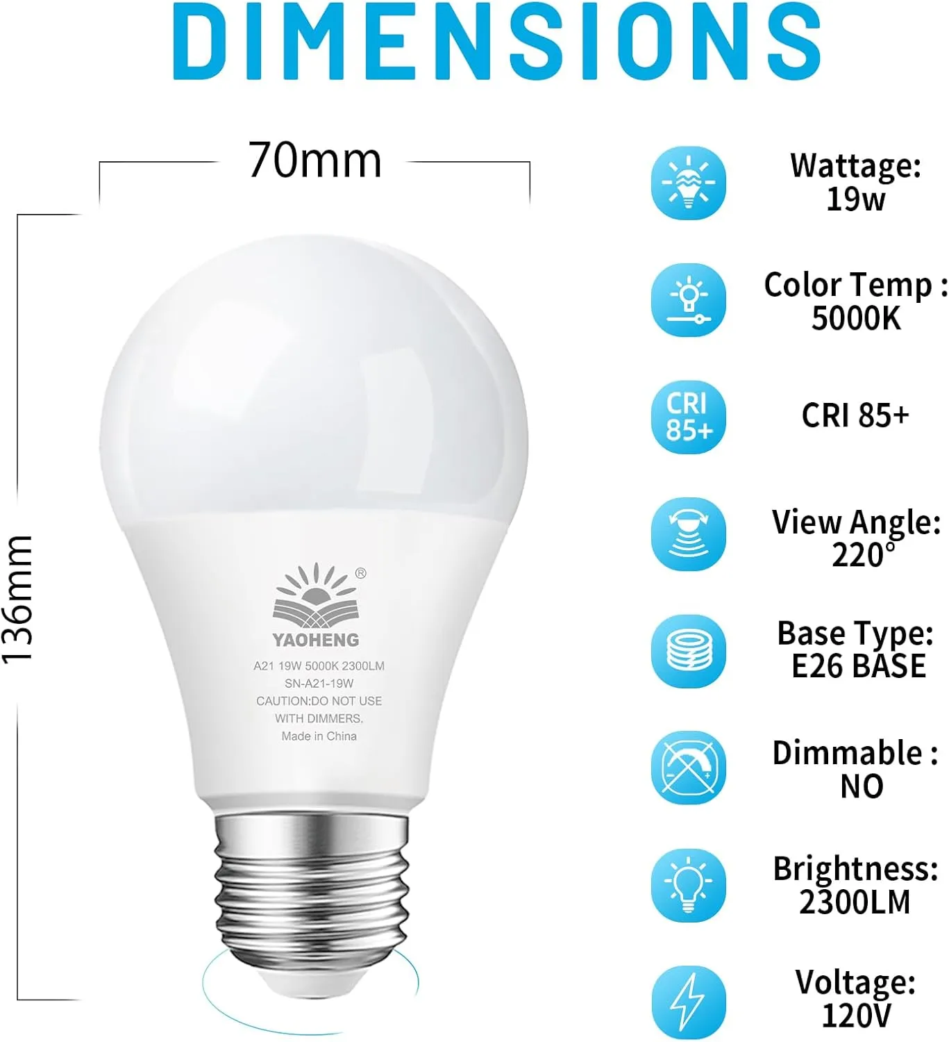 A21 LED Light Bulb, 150 Watt Equivalent LED Bulbs, 19W 5000K Daylight, 2300 Lumens, Non-Dimmable, E26 Base, Super Bright Light Bulb Indoor, Energy Efficient ETL Listed, 12-Pack