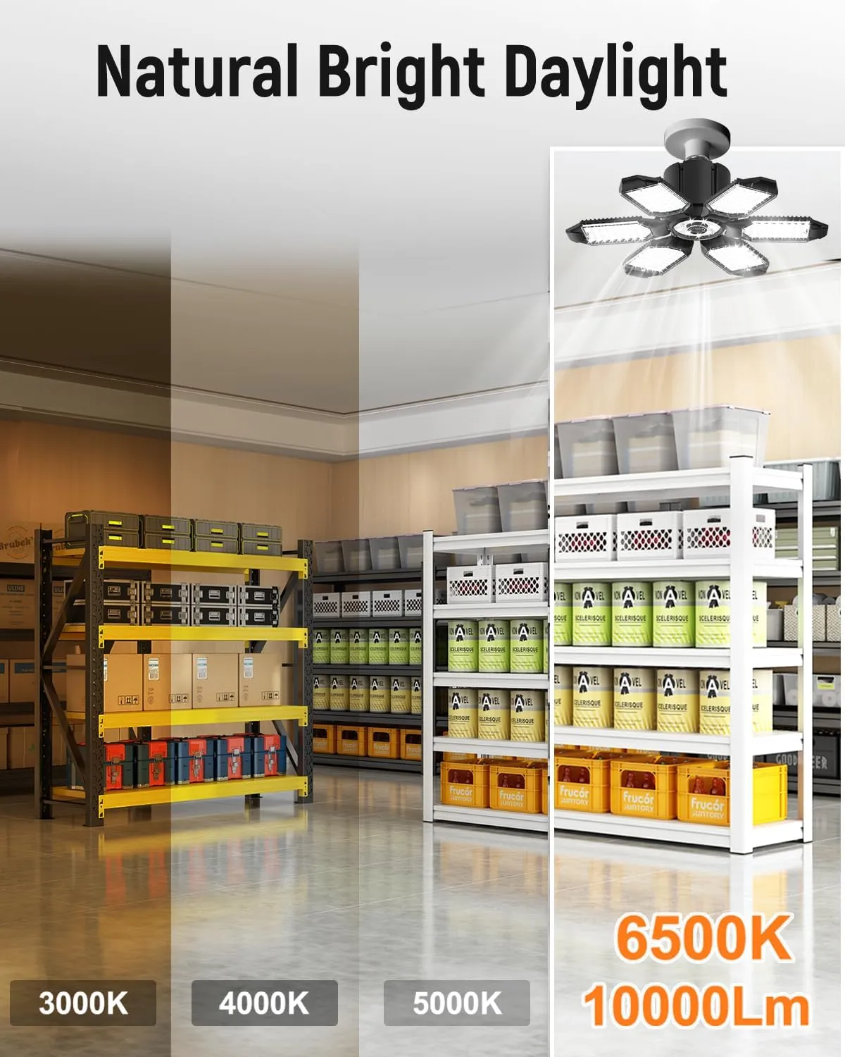 Adiding LED Garage Light Bulb 2 Pack Super Bright Basement Lighting w/ 6 1 Deformable Panel 6500K Shop Ceiling Light Screw in E26 E27 Base Socket for Workshop,Attic,Warehouse,Utility Room,Laundry
