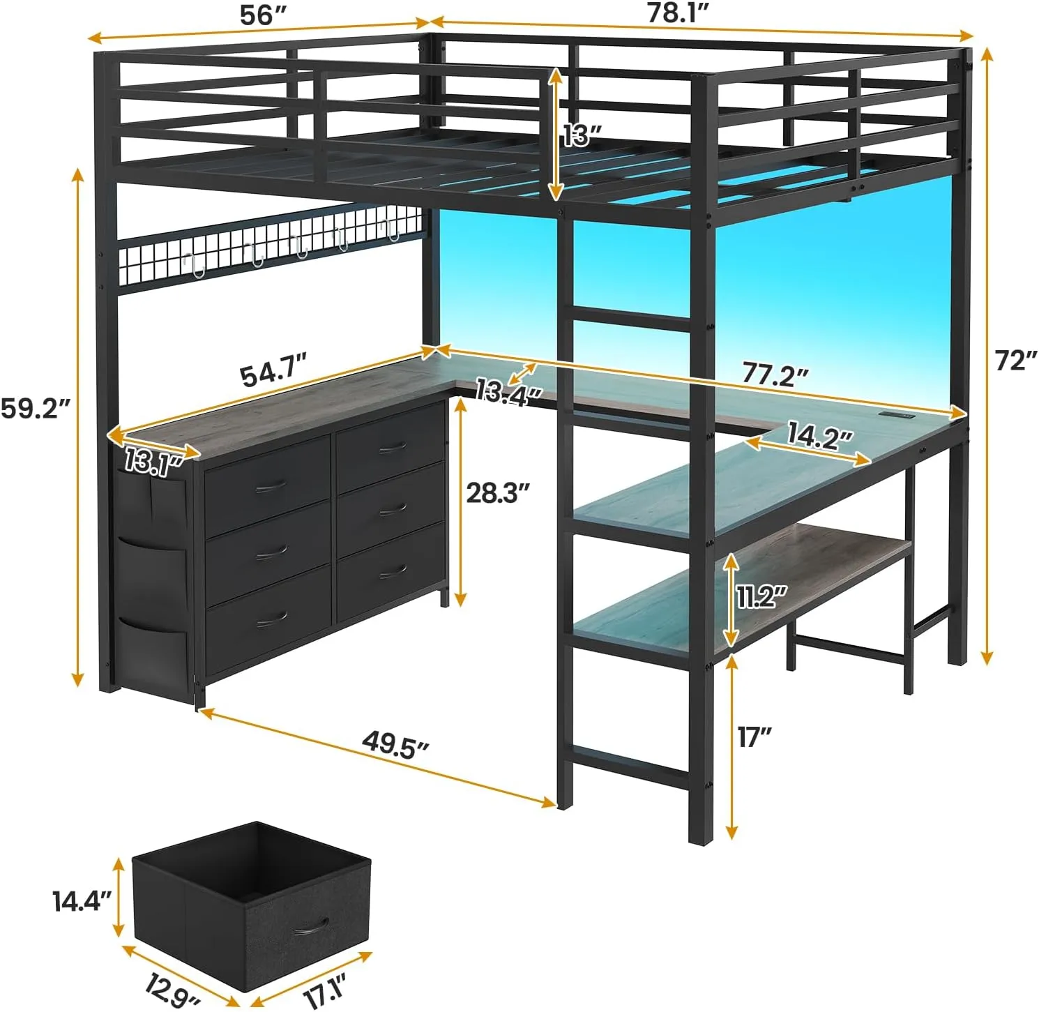 ADORNEVE Loft Bed Full Size with U-Shaped Desk, 6 Storage Drawers, Power Outlet, LED Metal Loft Bed with 2 Storage Shelves, Bed with Safety Guardrail & Ladders, No Box Spring Needed, Grey