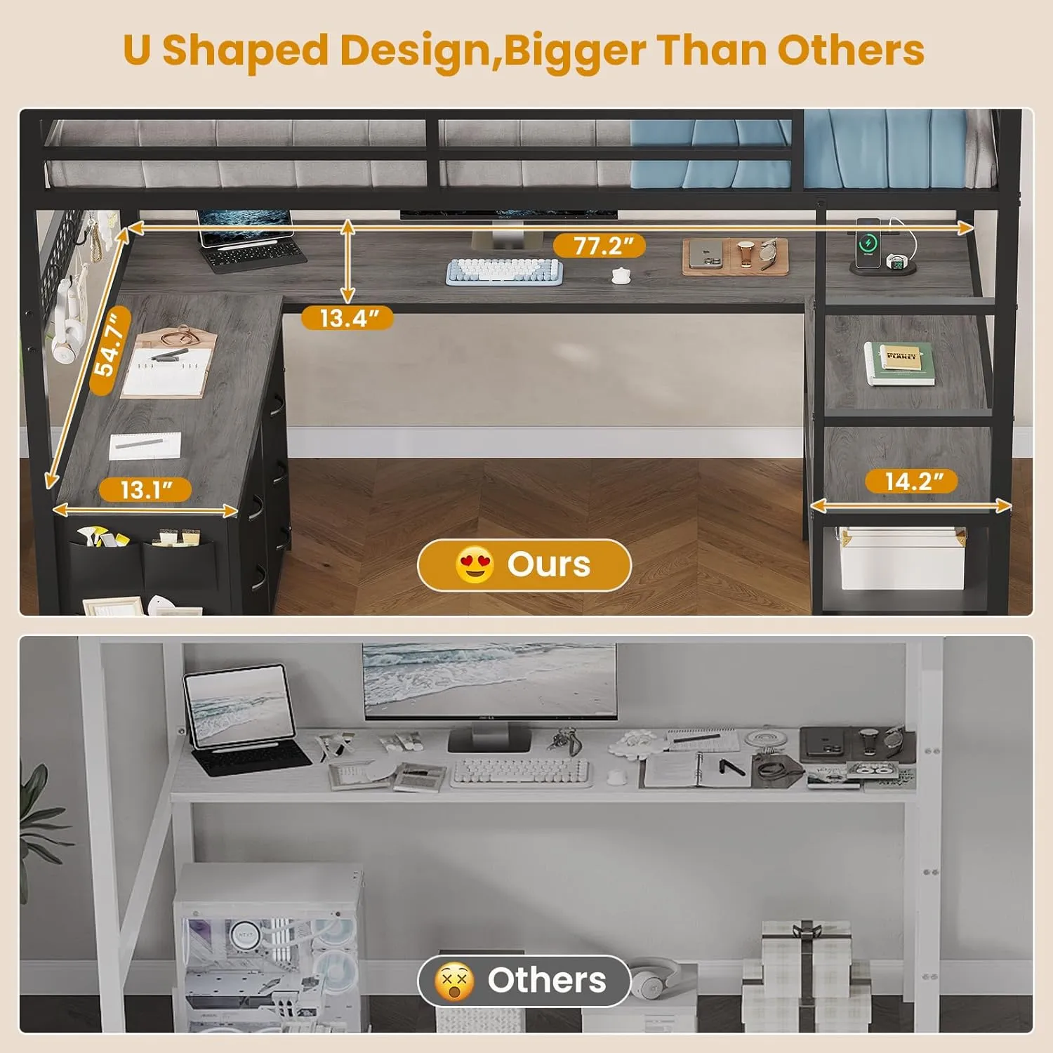 ADORNEVE Loft Bed Full Size with U-Shaped Desk, 6 Storage Drawers, Power Outlet, LED Metal Loft Bed with 2 Storage Shelves, Bed with Safety Guardrail & Ladders, No Box Spring Needed, Grey