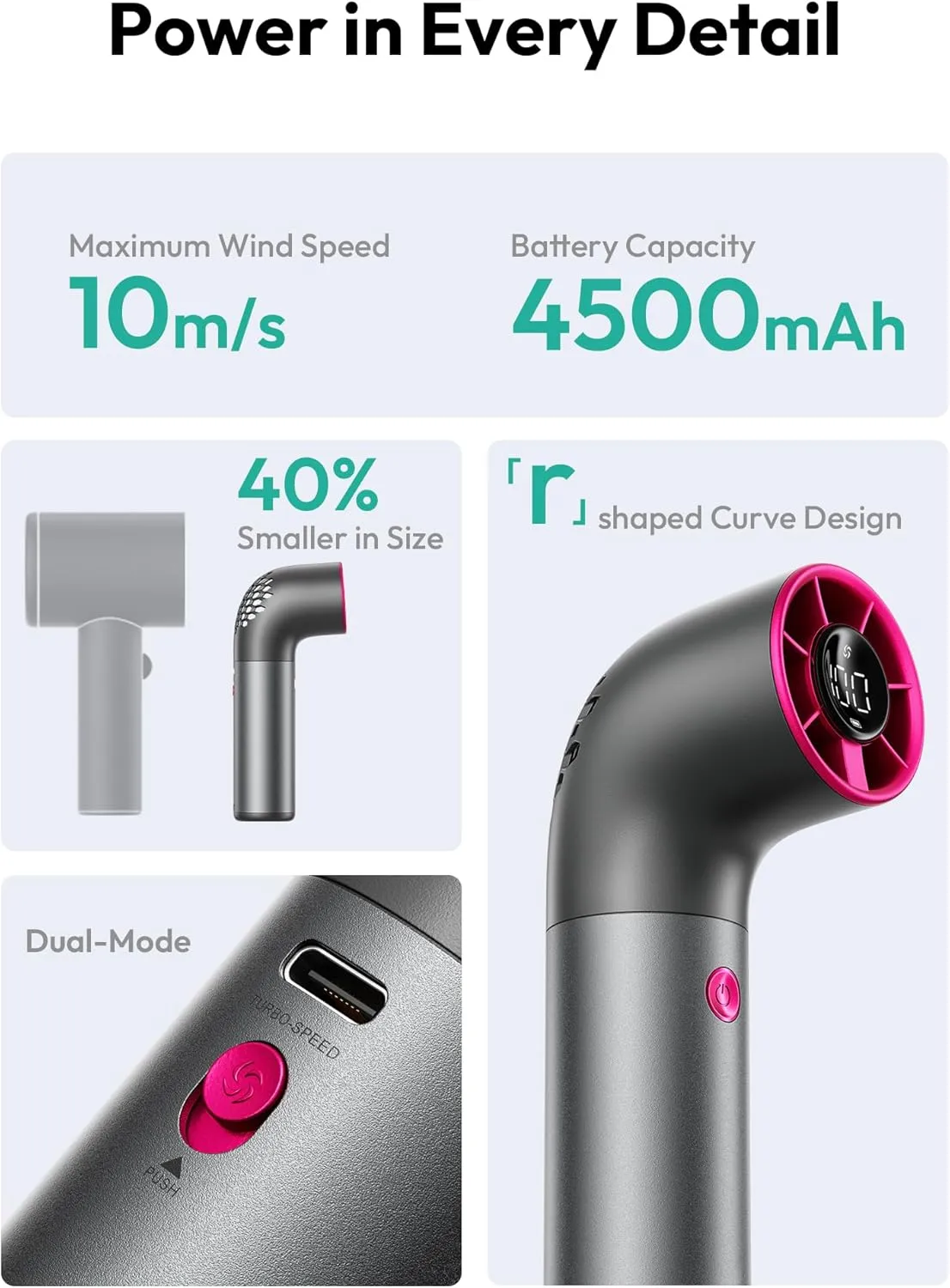 Aecooly Portable Handheld Fan, Powerful Turbo Air Tube Fan, 19000 RPM High Speed Aero Ultra, 15H Max Cooling Time, 7 Speeds Aluminum Case, Mini Pocket Design, for Travel Beach Outdoor Activities -Grey
