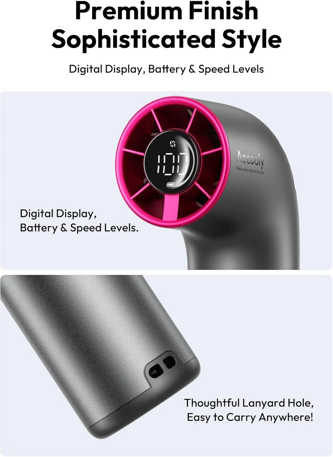 Aecooly Portable Handheld Fan, Powerful Turbo Air Tube Fan, 19000 RPM High Speed Aero Ultra, 15H Max Cooling Time, 7 Speeds Aluminum Case, Mini Pocket Design, for Travel Beach Outdoor Activities -Grey