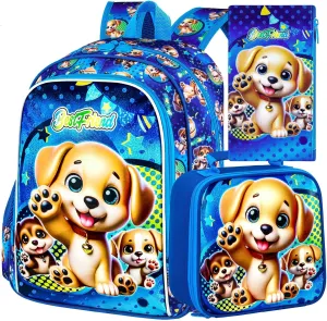 AGSDON 3PCS Backpack for Boys, 16" Kids Dog Backpacks Water Resistant for Elementary Preschool, Boy Bookbag with Lunch Box
