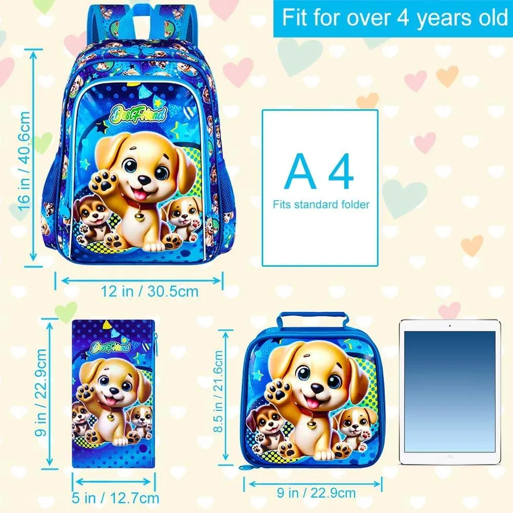 AGSDON 3PCS Backpack for Boys, 16" Kids Dog Backpacks Water Resistant for Elementary Preschool, Boy Bookbag with Lunch Box