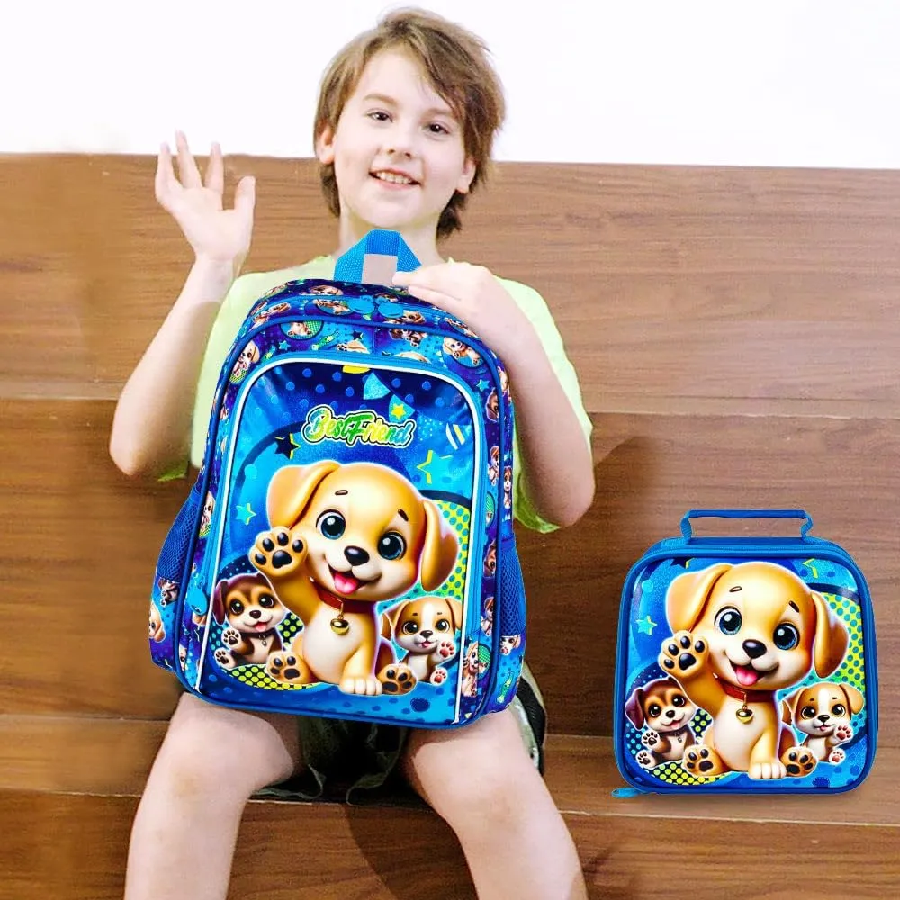 AGSDON 3PCS Backpack for Boys, 16" Kids Dog Backpacks Water Resistant for Elementary Preschool, Boy Bookbag with Lunch Box