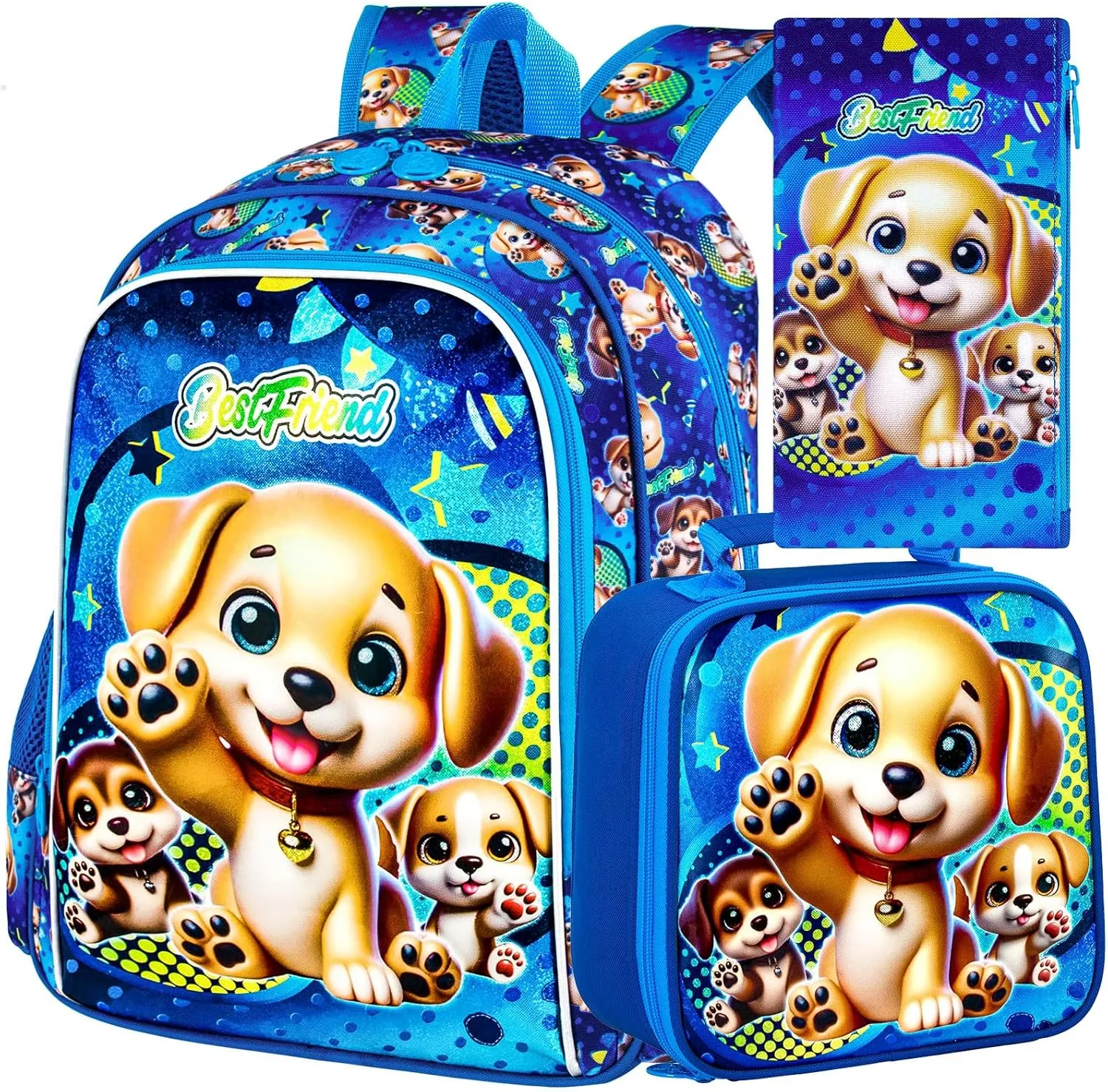 AGSDON 3PCS Backpack for Boys, 16" Kids Dog Backpacks Water Resistant for Elementary Preschool, Boy Bookbag with Lunch Box