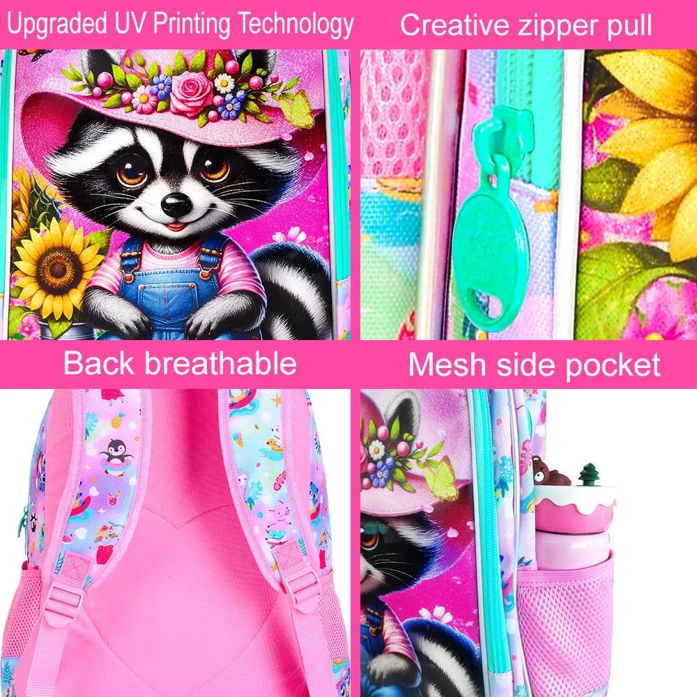 AGSDON 3PCS Raccoon Backpacks for Girls, 16" Kids Reflective Elementary Backpack with Lunch Box, Water Resistant School Bags Set for Preschool Toddler