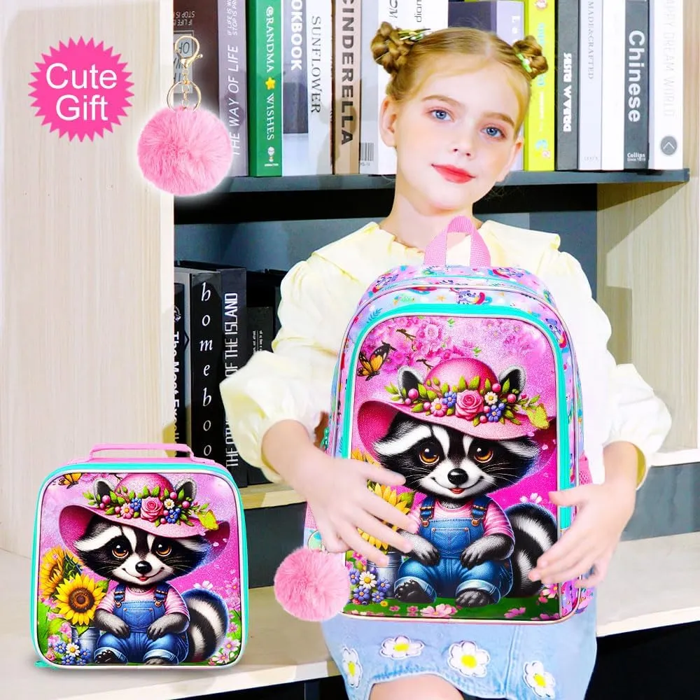 AGSDON 3PCS Raccoon Backpacks for Girls, 16" Kids Reflective Elementary Backpack with Lunch Box, Water Resistant School Bags Set for Preschool Toddler