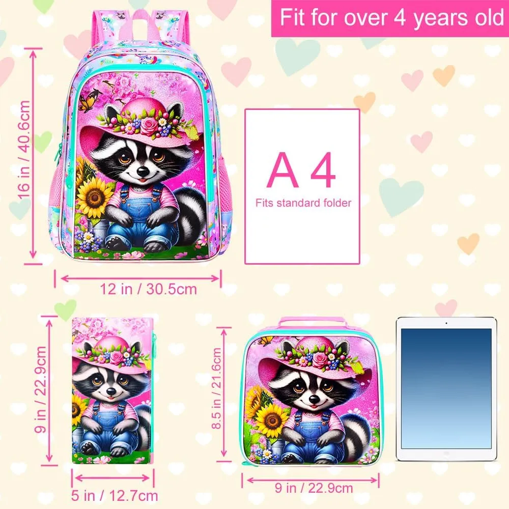 AGSDON 3PCS Raccoon Backpacks for Girls, 16" Kids Reflective Elementary Backpack with Lunch Box, Water Resistant School Bags Set for Preschool Toddler