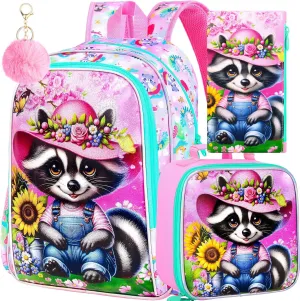 AGSDON 3PCS Raccoon Backpacks for Girls, 16" Kids Reflective Elementary Backpack with Lunch Box, Water Resistant School Bags Set for Preschool Toddler