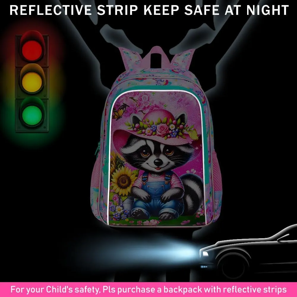 AGSDON 3PCS Raccoon Backpacks for Girls, 16" Kids Reflective Elementary Backpack with Lunch Box, Water Resistant School Bags Set for Preschool Toddler