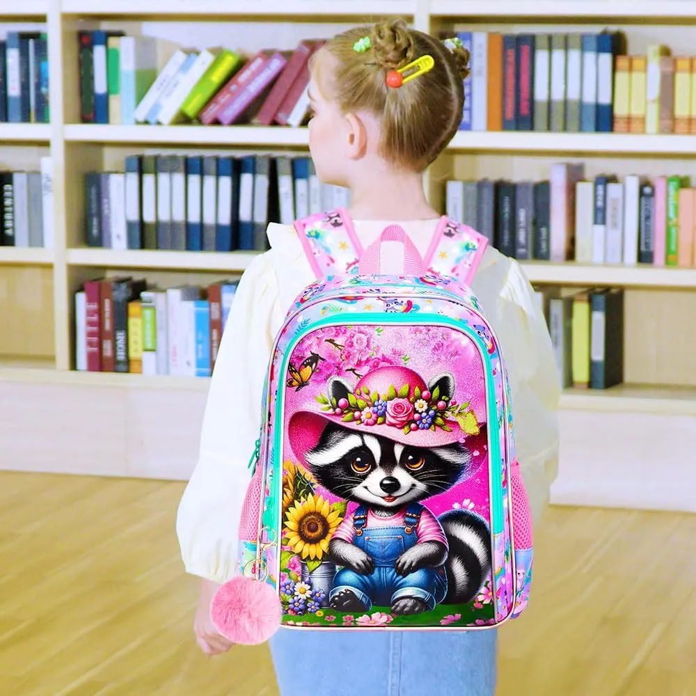 AGSDON 3PCS Raccoon Backpacks for Girls, 16" Kids Reflective Elementary Backpack with Lunch Box, Water Resistant School Bags Set for Preschool Toddler
