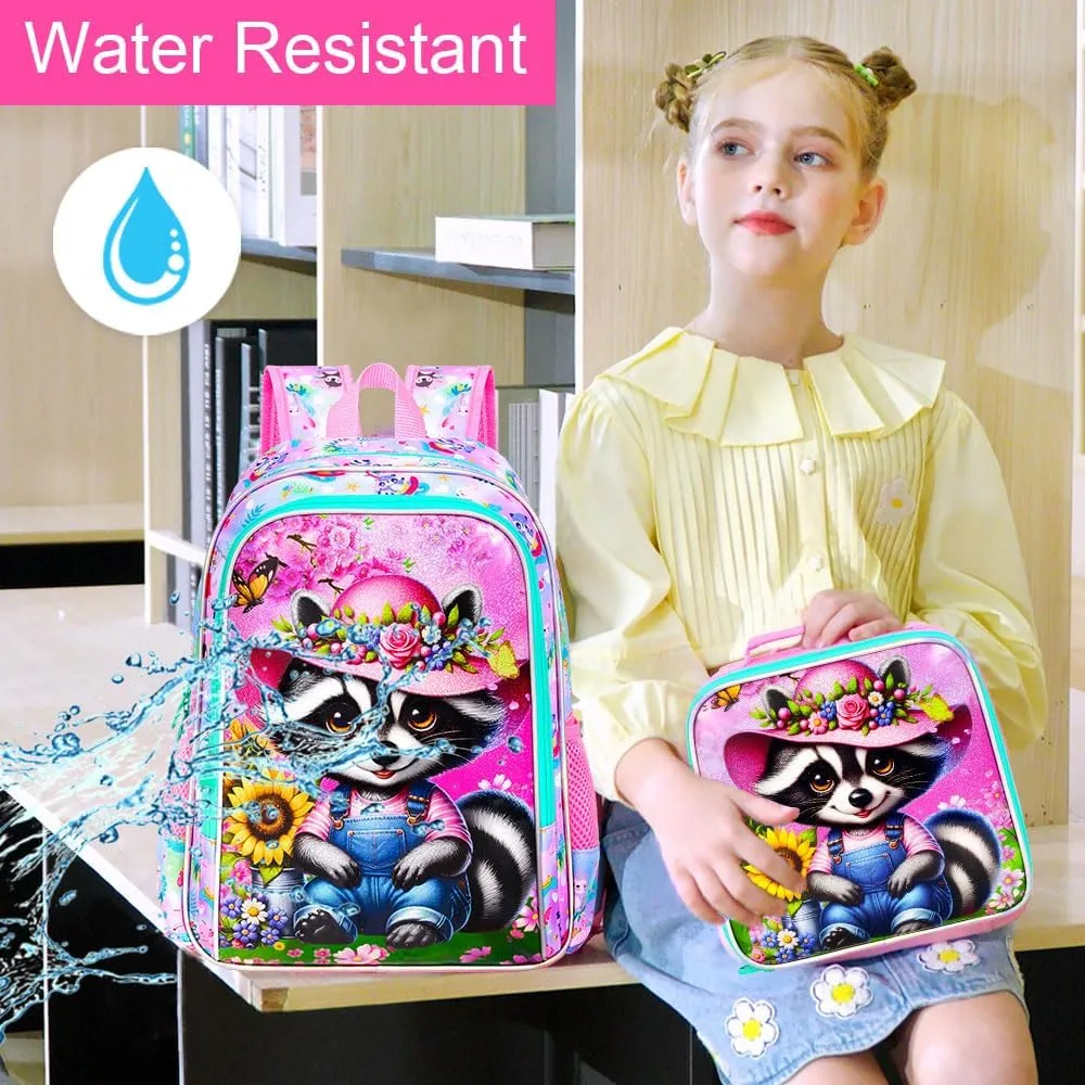 AGSDON 3PCS Raccoon Backpacks for Girls, 16" Kids Reflective Elementary Backpack with Lunch Box, Water Resistant School Bags Set for Preschool Toddler