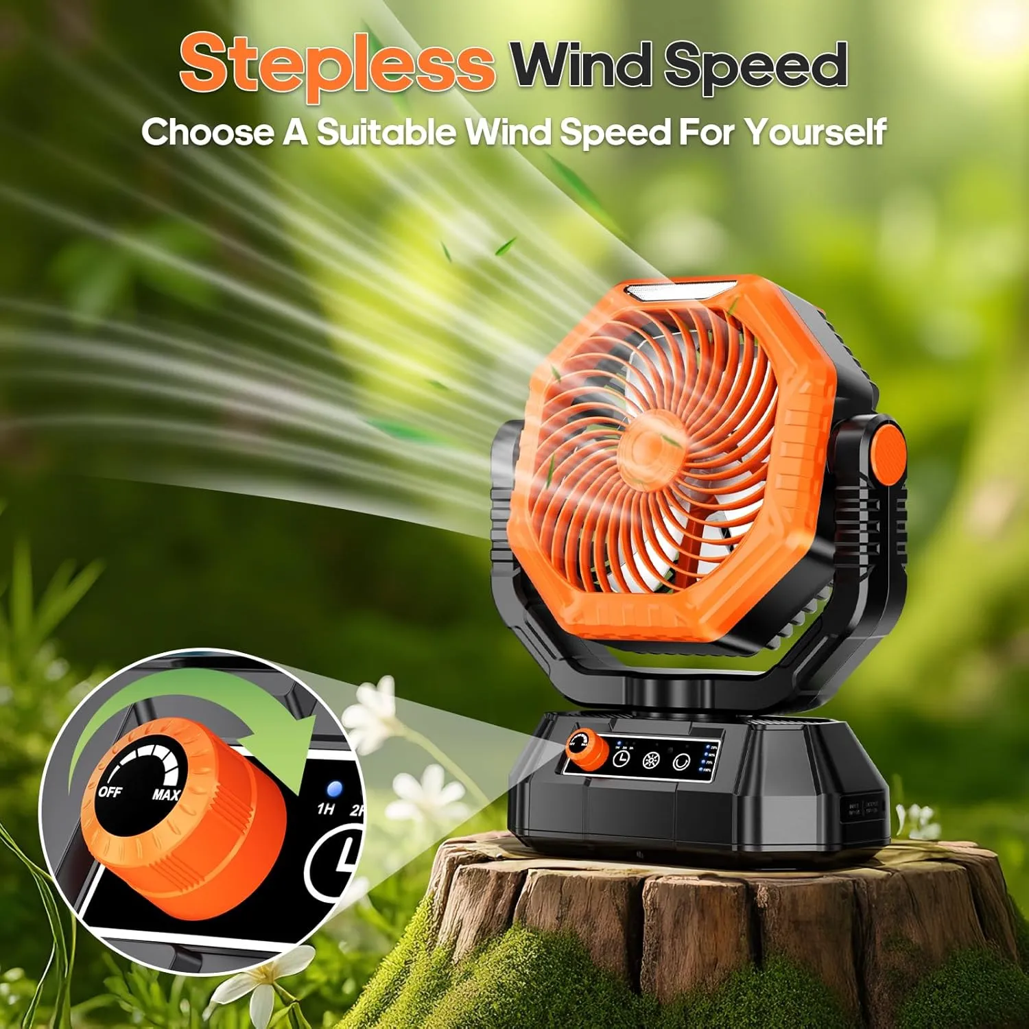 AJVV Camping Fan Rechargeable, Battery Powered Fan With Remote Controller, LED Light, Dual-Blade, Stepless Speed, 45°/90°/270° Swing,Timer, Portable fan For Travel Tent Bedroom Beach Fishing, Orange