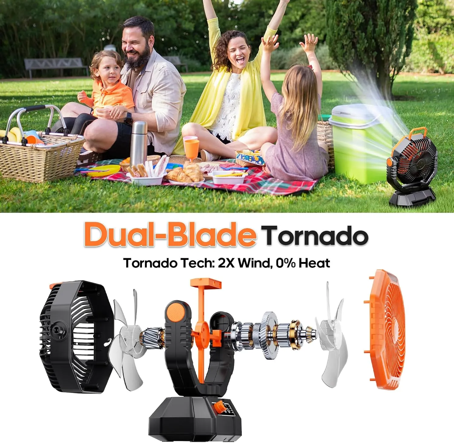 AJVV Camping Fan Rechargeable, Battery Powered Fan With Remote Controller, LED Light, Dual-Blade, Stepless Speed, 45°/90°/270° Swing,Timer, Portable fan For Travel Tent Bedroom Beach Fishing, Orange