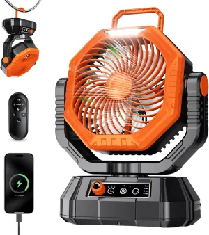 AJVV Camping Fan Rechargeable, Battery Powered Fan With Remote Controller, LED Light, Dual-Blade, Stepless Speed, 45°/90°/270° Swing,Timer, Portable fan For Travel Tent Bedroom Beach Fishing, Orange