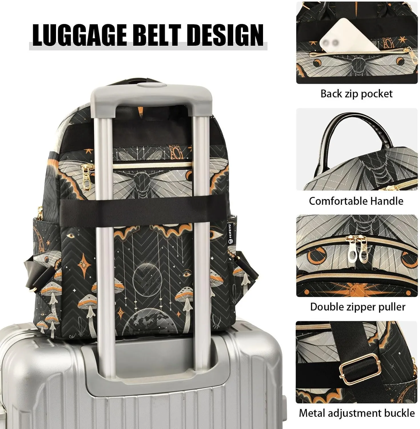 ALAZA Butterfly Sun and Moon Mushroom Mini Backpack Purse for Women Travel Bag Lightweight Shoulder Bag Fashion Daypack